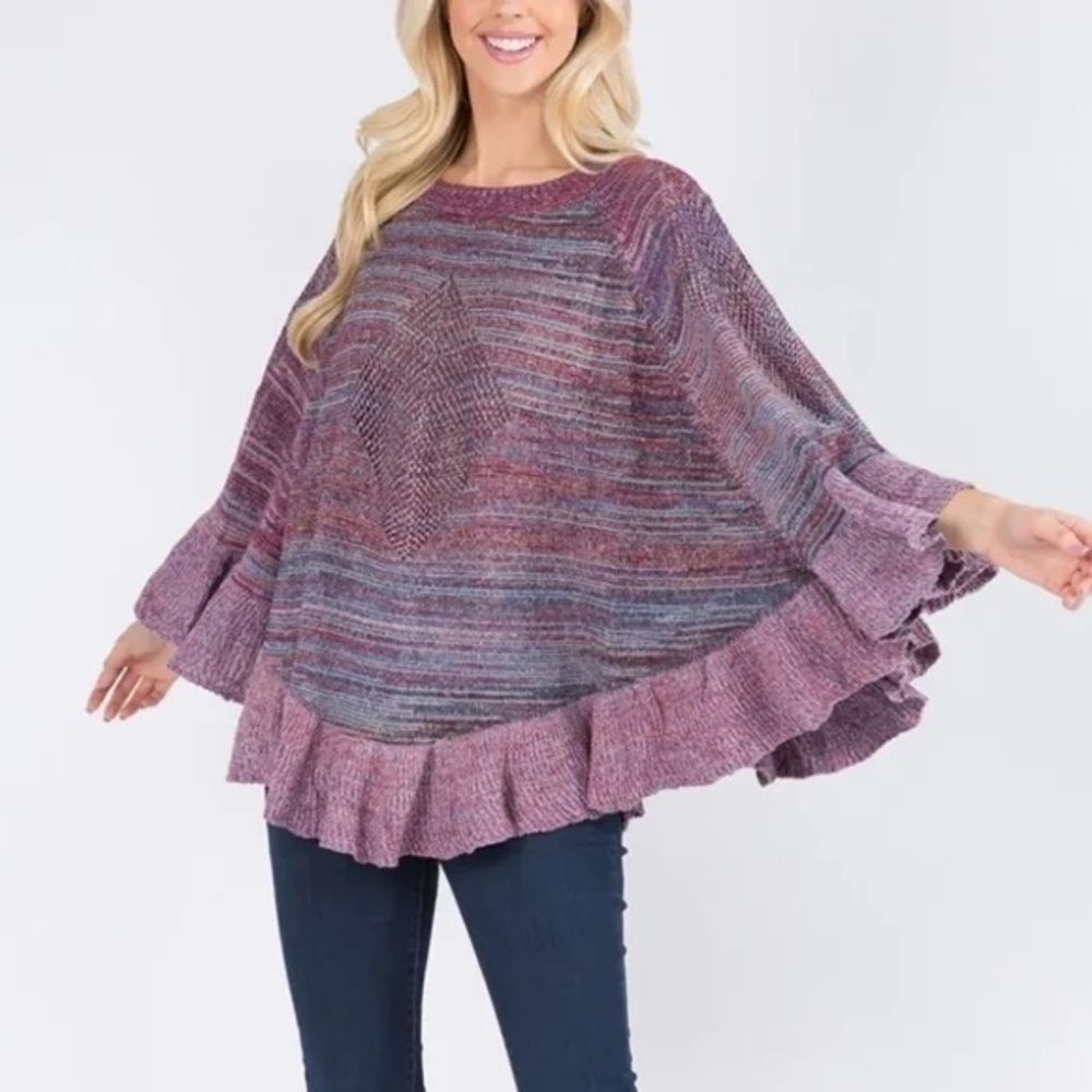 G Gena Ombre Multicolor Scalloped Edge Pullover Knit Poncho One Size EUC indie